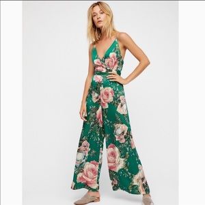 Free People Green Cabbage Rose Jumpsuit